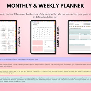 May include: Digital planner with yearly, weekly, and monthly views. The yearly view shows a 2025 calendar. The weekly view displays a week in April. The monthly view provides a review section. The planner is designed for goal setting and time management.