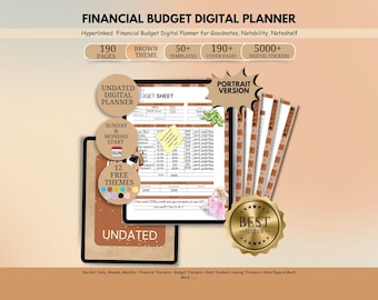 May include: A digital financial budget planner with a brown theme, featuring 190 pages, 50+ templates, and 190+ cover pages. Includes 5000+ digital stickers. The planner is undated and available in a portrait version. The image also includes the text "BEST SELLER".