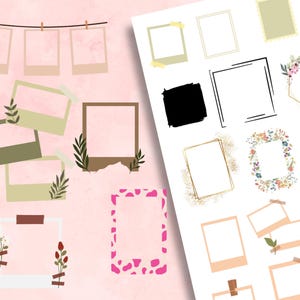 May include: A selection of decorative frames in diverse styles and colours. Includes square and rectangular frames, some with floral and leaf accents, and others with tape or string details. The colour palette is soft, with pink, beige, and green hues.