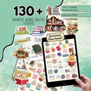 Pode incluir: Autocolantes digitais com palavras e ilustrações relacionadas com livros. A imagem inclui pilhas de livros, frases sobre leitura como "I Love Reading" e um tablet que exibe vários designs de autocolantes. Os autocolantes são projetados para Goodnotes.