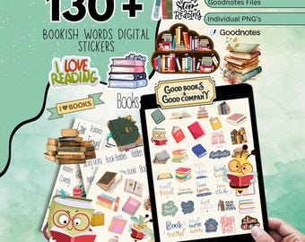 130 + Bookish Word Digital Stickers Pack, Bookworm Digital Stickers, Book Sublimation Bundle, Book Lover Clipart, Reading Goodnotes PNG