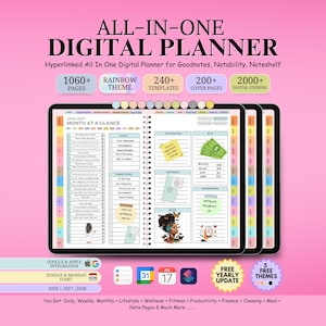Könnte beinhalten: Ein digitaler Planer mit Regenbogen-Thema, mit über 1060 Seiten, über 240 Vorlagen und über 200 Deckblättern. Der Planer enthält über 2000 digitale Aufkleber und lässt sich in Google und Apple integrieren. Der Text auf dem Bild lautet "ALL-IN-ONE DIGITAL PLANNER".