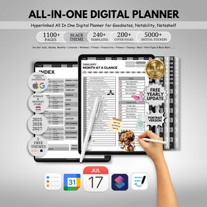 Può includere: Planner digitale con la scritta "ALL-IN-ONE DIGITAL PLANNER". Il planner include oltre 1100 pagine, un tema nero, oltre 240 modelli, oltre 200 copertine e oltre 5000 adesivi digitali. L'immagine mostra una mano che usa uno stilo su un tablet.