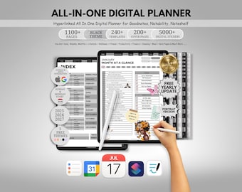 May include: Digital planner with the text "ALL-IN-ONE DIGITAL PLANNER". The planner includes 1100+ pages, a black theme, 240+ templates, 200+ cover pages, and 5000+ digital stickers. The image shows a hand using a stylus on a tablet with a calendar view.