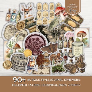 May include: A collection of over 90 antique-style journal ephemera stickers. The stickers feature illustrations of mushrooms, butterflies, owls, bottles, and vintage labels. The color palette includes browns, greens, and creams. The text "DIGITAL DOWNLOAD Rachey" is visible.