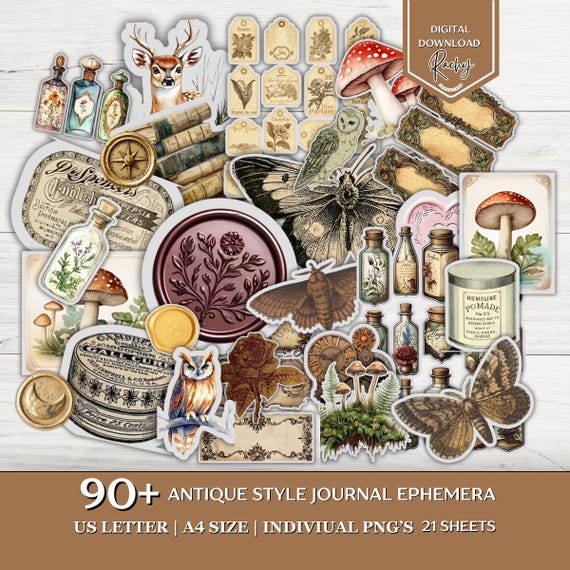 90+ Antique Style Journal Ephemera, Scrapbook Supplies, Printable Fussy Cuts, Junk Journal, Vintage Junk Journal Ephemera, Fussy Cut Bundle