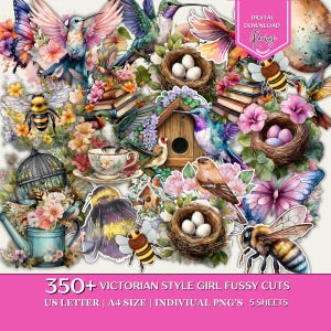 Puede incluir: Un collage de ilustraciones en acuarela con pájaros, mariposas, abejas, nidos con huevos, flores, casas para pájaros y tazas de té. El texto "DIGITAL DOWNLOAD Rachez" está en la esquina superior derecha. La parte inferior de la imagen dice "350+ VICTORIAN STYLE GIRL FUSSY CUTS".