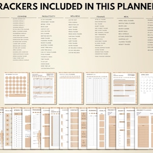K&ouml;nnte beinhalten: Ein Planer mit verschiedenen Tracker-Seiten, darunter Lifestyle, Reinigung, Produktivit&auml;t, Wellness, Finanzen, Mahlzeiten und Fitness. Die Seiten sind beige mit schwarzem Text, und der Titel lautet "TRACKERS INCLUDED IN THIS PLANNER."