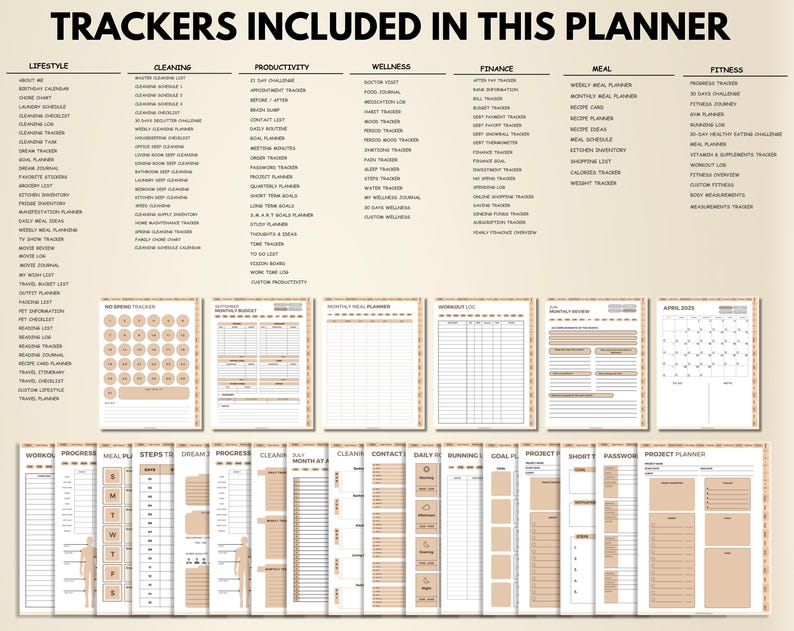 K&ouml;nnte beinhalten: Ein Planer mit verschiedenen Tracker-Seiten, darunter Lifestyle, Reinigung, Produktivit&auml;t, Wellness, Finanzen, Mahlzeiten und Fitness. Die Seiten sind beige mit schwarzem Text, und der Titel lautet "TRACKERS INCLUDED IN THIS PLANNER."