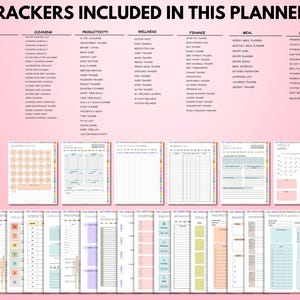 May include: A digital planner with various trackers, including lifestyle, cleaning, productivity, wellness, finance, meal, and fitness. The planner pages are displayed with a pink background and colorful tabs. The text "TRACKERS INCLUDED IN THIS PLANNER" is at the top.