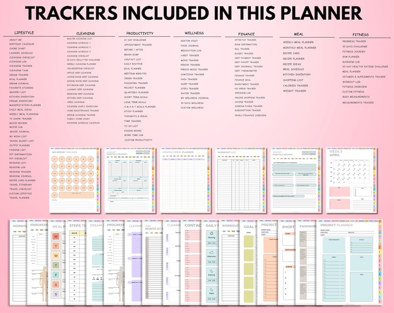 May include: A digital planner with various trackers, including lifestyle, cleaning, productivity, wellness, finance, meal, and fitness. The planner pages are displayed with a pink background and colorful tabs. The text "TRACKERS INCLUDED IN THIS PLANNER" is at the top.