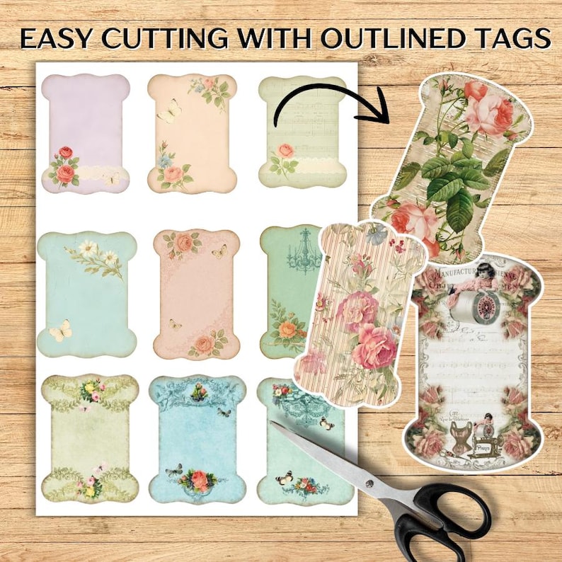 Może przedstawiać: Arkusz ozdobnych papierowych etykiet w r&oacute;żnych pastelowych kolorach, każda ozdobiona ilustracjami kwiat&oacute;w i motyli. Etykiety mają kształt szpul i są gotowe do wycięcia. Tekst "EASY CUTTING WITH OUTLINED TAGS" znajduje się na g&oacute;rze.