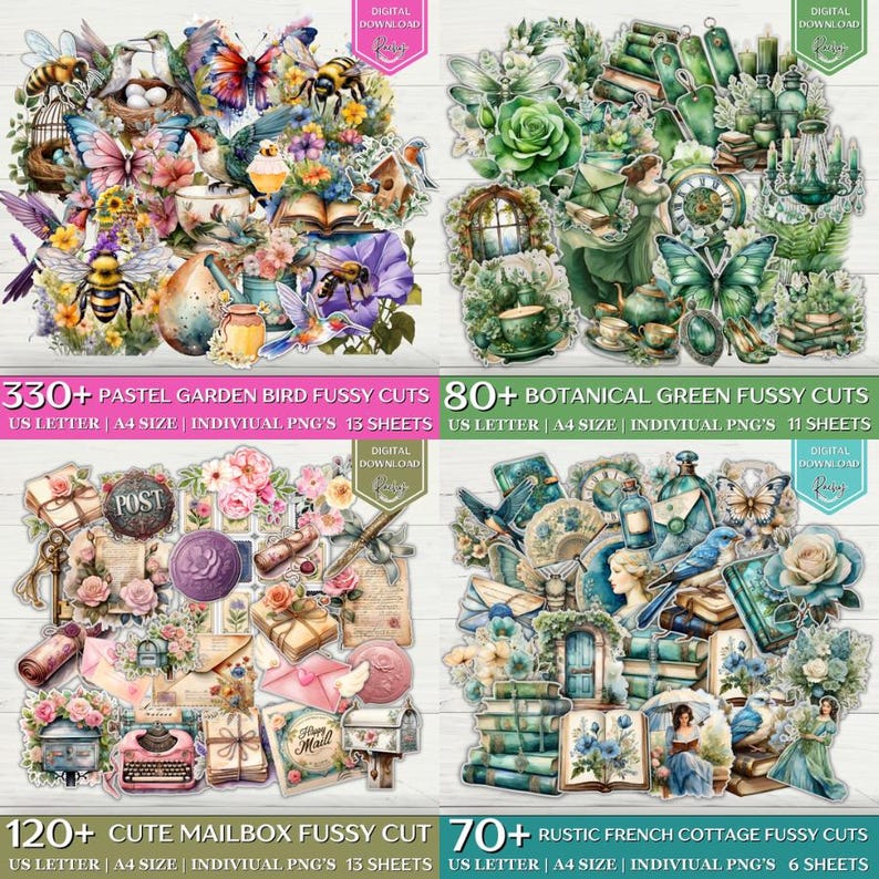 May include: Four digital download sets of fussy cuts. The sets include: Pastel Garden Bird, Botanical Green, Cute Mailbox, and Rustic French Cottage. Each set features various images of birds, butterflies, flowers, and other decorative elements. The text on the image reads "Digital Download".