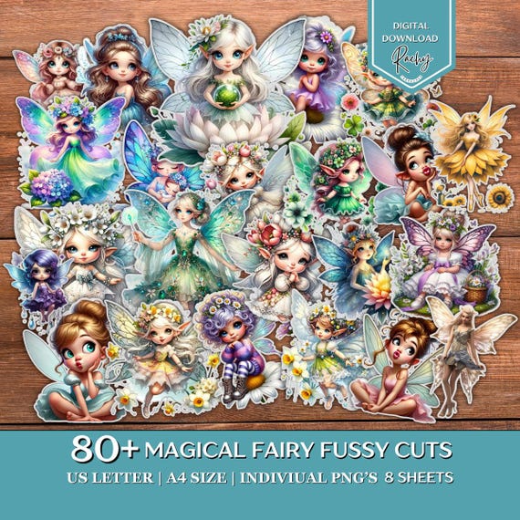 80 + Magical Fairy Fussy Cuts, Fairy Ephemera, Fairy Junk Journal Kit, Fairy Fussy Cuts, Garden Ephemera, Printable Journal, Fairy Sticker
