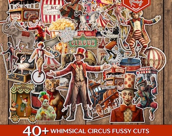 40+ fantazyjnych cyrkowych cięć precyzyjnych, zestaw do tworzenia dziennika cyrkowego, artykuły do scrapbookingu, Joker Fussy Cut, cyrkowe cięcia precyzyjne, zestaw karnawałowych cięć precyzyjnych