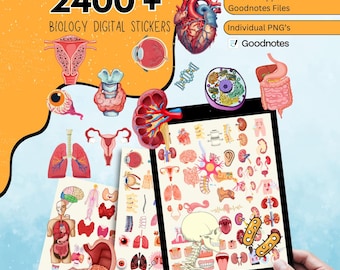 May include: Digital stickers for biology featuring illustrations of human anatomy, including the heart, lungs, and brain. The image shows a tablet displaying various stickers, with the text "2400+ Biology Digital Stickers".