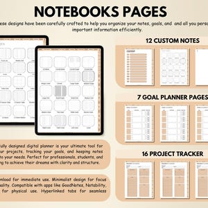 K&ouml;nnte beinhalten: Digitaler Planer mit Notizseiten, Zielplanern und Projektverfolgungen. Enth&auml;lt 12 benutzerdefinierte Notizen, 7 Zielplanerseiten und 16 Projektverfolgungsseiten. Das Design ist minimalistisch und kompatibel mit Apps wie GoodNotes und Notability.