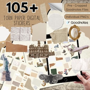105 + Pacchetto adesivi digitali in carta strappata, Post-it digitali, Set adesivi in carta per diario, Adesivi Goodnotes digitali, Nastro washi PNG