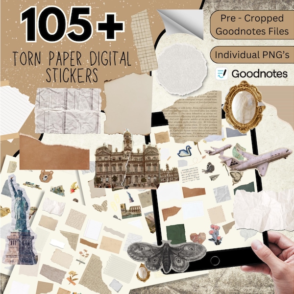 105 + Torn Paper Digital Stickers Pack, Digital Sticky Notes, Journal Paper Sticker Set, Digital Goodnotes Stickers, Washi Tape PNG