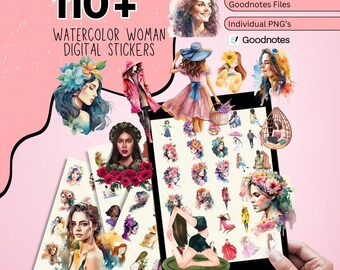 110+ Watercolor Woman Digital Stickers, Goodnotes Stickers, Girl Digital Stickers, Watercolor Stickers, Digital planner Stickers,PNG Sticker