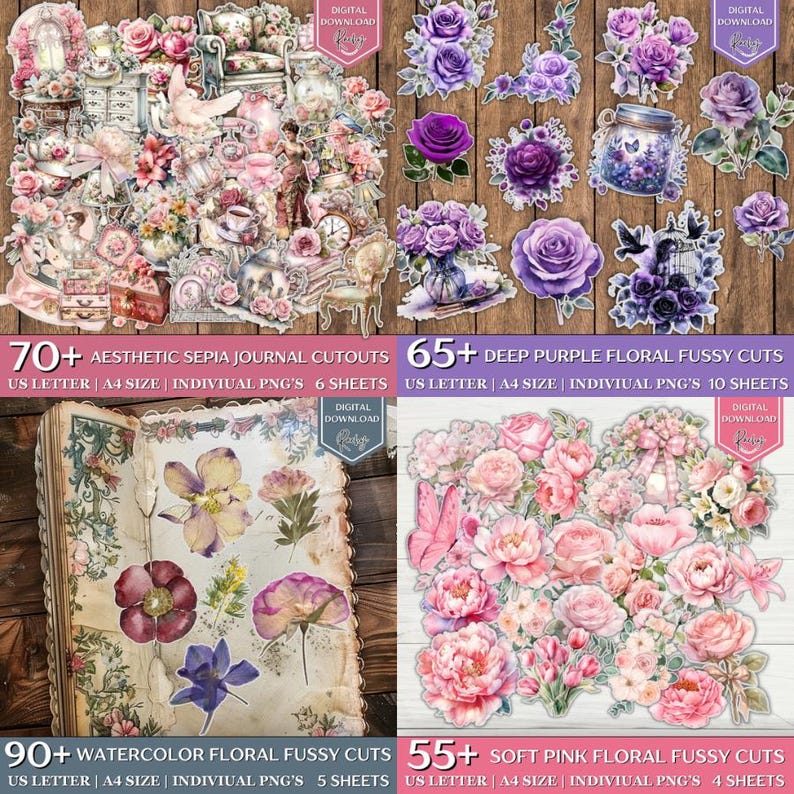 May include: A collection of digital scrapbook elements, including floral fussy cuts and journal cutouts. The image features various flowers in shades of pink, purple, and sepia, along with decorative elements. Text on the image reads "70+ Aesthetic Sepia Journal Cutouts", "65+ Deep Purple Floral Fussy Cuts", "90+ Watercolor Floral Fussy Cuts", and "55+ Soft Pink Floral Fussy Cuts".