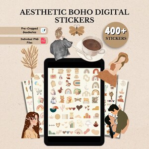 Könnte beinhalten: Digitale Sticker mit einem ästhetischen Boho-Thema. Das Bild zeigt ein Tablet, das verschiedene Sticker-Designs anzeigt, darunter Regenbogen, Herzen und von der Natur inspirierte Elemente. Der Text auf dem Bild lautet "Aesthetic Boho Digital Stickers" und "400+ Stickers".