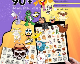 May include: A digital art image showcasing over 90 sarcastic digital stickers. The stickers feature various cartoon characters and humorous text, including a skull with a hat, a shark, and a cat. The image also includes the text "Goodnotes Files."