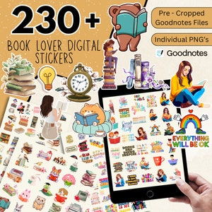 230 + adesivi digitali per amanti dei libri, adesivi Goodnotes, adesivi per il tempo di lettura, adesivi per la lettura PNG, clipart di libri, pianificatore digitale libresco