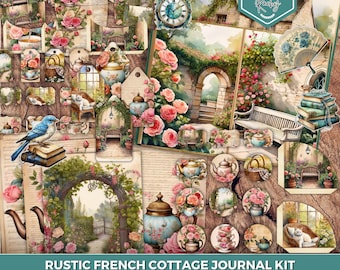 Rustic French Cottage Junk Journal Kit, Vintage Shabby Chic Printable, French Country Ephemera, French Fussy Cuts, Tags, Rustic Journal Kit