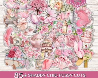 85 + Shabby Chic Fussy Schnitte, Junk Journal Zubehör, Pink Rose Junk Journal Kit, Shabby Chic Ephemera Kit, Fussy Cuts Blume, Schmetterling Schnitte