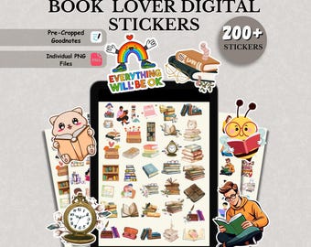 200 + Book Lover Digital Stickers, Goodnotes Stickers, Reading Time Stickers, PNG Reading Stickers, Books Clipart, Bookish Digital Planner