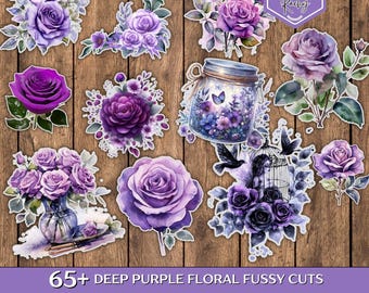 May include: A collection of deep purple floral fussy cuts, including roses, bouquets, and a jar filled with flowers. The image features a variety of designs in shades of purple and green, with the text "65+ DEEP PURPLE FLORAL FUSSY CUTS".