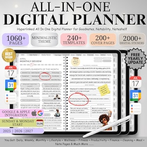 Peut inclure: Un planificateur numérique au thème minimaliste, comprenant plus de 1060 pages, plus de 240 modèles, plus de 200 pages de couverture et plus de 2000 autocollants numériques. Le planificateur est compatible avec Goodnotes, Notability et Noteshelf. L'image montre une page de revue mensuelle avec une section pour les réalisations du mois. Le planificateur comprend également l'intégration Google et Apple, des options de début le dimanche et le lundi, et des dates de 2025 à 2027.
