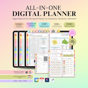 Puede incluir: Un planificador digital todo en uno con tema arcoíris, con más de 1060 páginas, 240+ plantillas y más de 200 portadas. Incluye integración con Google y Apple, inicio domingo y lunes, y pegatinas digitales.