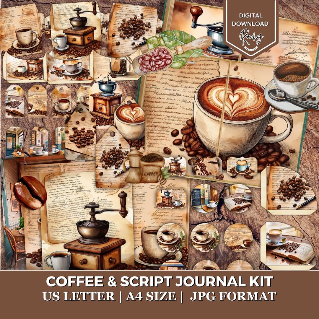 Coffee & Script Junk Journal Kit, Coffee Beans Printable Ephemera ...