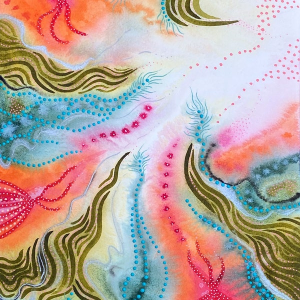 Drifting Flow Abstract Intuitive Imagination Dreamy Bright Colorful Cheerful Ocean Tropical Sea Green Pink Orange Red