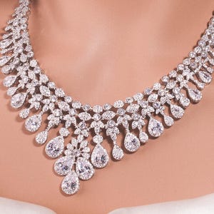 Swarovski Crystal Bridal Necklace & Earrings Set: Silver CZ Wedding Jewelry