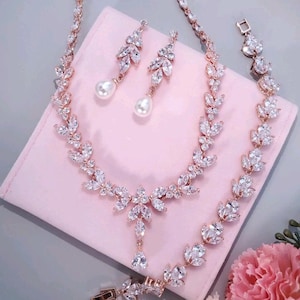 Pearl Drop Earrings  CZ wedding necklace with bracelet bridal necklace with pearl drop earrings Bridal Jewelry Set sparkly wedding jewelry