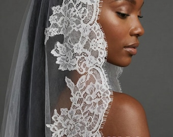 Spanish Mantilla Veil with Eyelash Lace Edge Scalloped Bridal Style for Cathedral Weddings