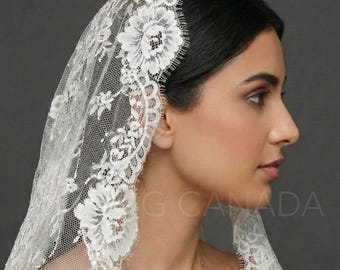 Chantilly Mantilla with Eyelash Lace Border, Floral Tulle Bridal Headpiece, Spanish-Inspired Long Wedding Accessory