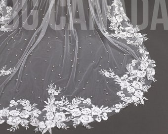 Pearl veil pearl floral wedding veil long veil cathedral wedding veil with lace ivory wedding veil