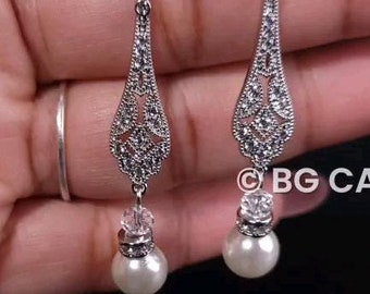 Pearl Wedding Earrings pearl drop earrings for bride earrings classic wedding jewelry Dainty CZ Bridal necklace