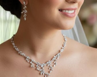 CZ vine Bridal Jewelry Set: Hypoallergenic Wedding Necklace set for brides in silver
