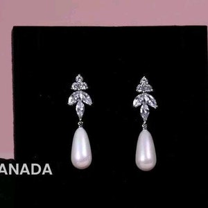 pearl drop earrings cz earrings with pearl silver earrings bridal earrings with pearl and cubic zirconia crystal earrings brides