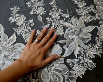 Mantilla Wedding Veil Lace Trim Cathedral Length Bridal Drop Style with Comb or Hidden Comb