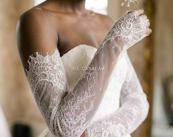 Chantilly Lace Detachable Bridal Sleeves, Fingerless Ivory Wedding Gloves, Off Shoulder Wedding Dress sleeves eyelash sleeves removable