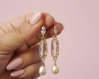 Gold CZ Crystal & Freshwater Pearl Drop Earrings | Bridal Wedding Earrings | Elegant Dangle Earrings for Bride  Bridesmaids