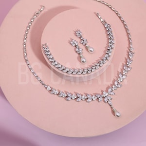 Pearl Drop Bridal Jewelry Set: CZ Necklace & Earrings, Wedding Accessories