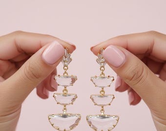 Crystal Moon Bridal Earrings: Gold Art Deco Long Drop Earrings