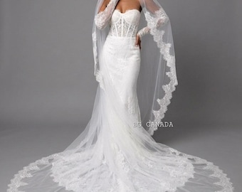 Cathedral Chantilly Lace Wedding Veil with Comb, Soft Tulle Bridal Accessory, Eyelash Edge Floral Rose Mantilla, Traditional Gathered Style